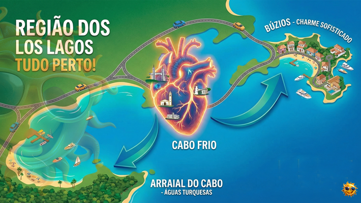 Mapa turístico Região dos Lagos: Cabo Frio, Arraial e Búzios.