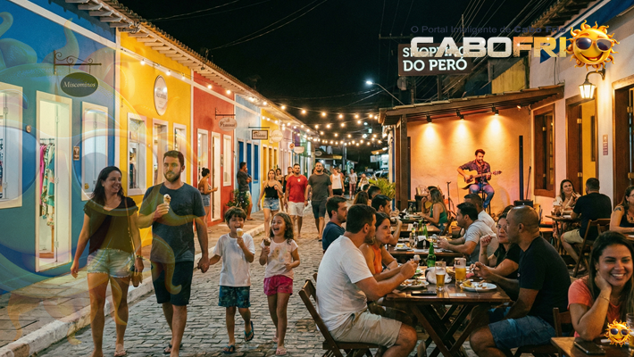 Noite no Peró: gastronomia e música ao vivo no shopping a céu aberto.