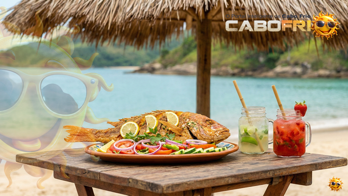 Gastronomia na Praia das Conchas: Peixe frito e caipirinha.