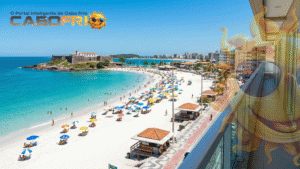Vista panorâmica da Praia do Forte e o mar azul turquesa de Cabo Frio